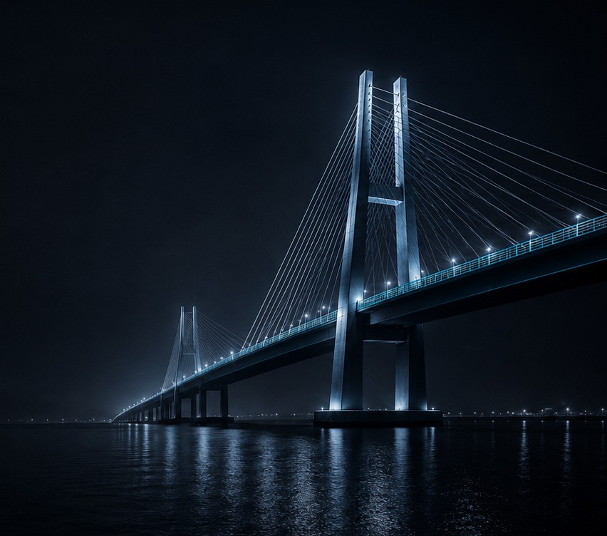 Illuminated cable-stayed bridge at night